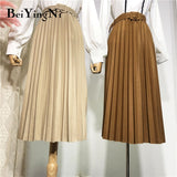 Joskaa Christmas Gift Beiyingni High Waist Women Skirt Casual Vintage Solid Belted Pleated Midi Skirts Lady 11 Colors Fashion Simple Saia Mujer Faldas