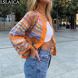 Cardigan Top Women Long Sleeve Single Button Decorated Slim Rainbow Striped Patchwork Women's Sweater Spring Autumn Fashion 2021