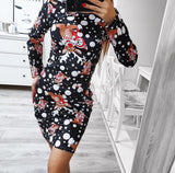 Joskaa hoco dresses Christmas Gift New Christmas Women's Sexy Slim Fit Bodycon Printed O-Neck Long Sleeved Winter Party Mini Dress