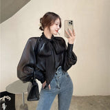 Joskaa Women Shirts 2024 Spring Autumn French Sexy Temperament Female Bow-Tie Shiny Feeling Slightly Transparent Loose Blouse