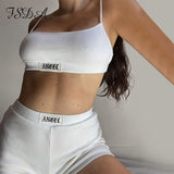 Joskaa Summer Ribber Women Set White Spaghetti Strap Crop Top And Mini Biker Shorts Embroidery Two Piece Sets Sexy Outfit Party