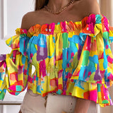 Joskaa Women Off Shoulder Ruffled Trim shirring Shirt Female Top Summer Casual Long Sleeve Colorful Tighten Waist Blouse Tops