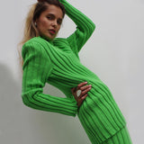 Joskaa Knitted Turtleneck Striped Women Sweater Two Piece Set Green Long Sleeve Casual Set Women Autumn Warm Slim Partywear Set