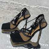 Joskaa 2024 Women Pumps Thin High Heels Sexy Sandals Shoes For Woman Fashion Square Toe Mesh Ankle Strap Pumps Sandals Ladies Shoes