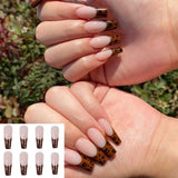 Joskaa 24pcs Leopard Theme Full Cover False Nail Tips 2024 New Style Black Brown Transparent Stiletto French Pearl Fake Nails With Glue