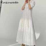 Joskaa Christmas Gift KUZUWATA 2024 Summer New Ruffle Long Dress V Neck Women Vintage Short Sleeve Lady Vestidos  Denim Robe with  Sashes Belt