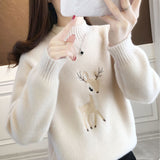 Joskaa Christmas Gift EBAIHUI Christmas Sweater Women Faux Mink Cashmere Half High Collar Pullover Fleece Winter Clothes Embroidery Deer Warm Jumper