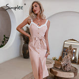 Joskaa Elegant High waist Vneck Spaghetti Strap Dress Summer Lace Straight Women Dress 2024 Solid Lace-up Button Bodycon Dress