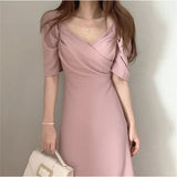 Joskaa Summer A-Line Sweet Dress Korean Fashionable And Elegant Fluffy Sleeve Women'S Retro Pure V-Neck High Waist Dress