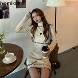 Joskaa hoco dresses Christmas Gift Nomikuma 2024 New Knitted Bodycon Dresses Contrast Color Long Sleeve Turtleneck Stretch Dress Women Love Heart Pattern Robe