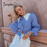 Back to College Joskaa Office lady cotton plaid blouse shirt summer Casual lace up women's short tops blue Long sleeve female work shirt 2024