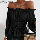 Joskaa Back to College Off Shoulder Lace-up Front Ruffles Casual  Blouse Plus Size Tops Spring Tops and Blouses