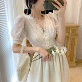 Joskaa Back to College One Piece Dress Korean V-Neck Elegant Vintage Dress Women Puff Sleeve Lace Dress Evening Party Dress Females 2024 Summer Chic