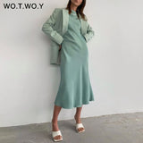 Joskaa Christmas Gift WOTWOY Elegant Long Sleeve Satin Dress Women Solid Mid-Long Loose Dresses Women Cotton Autumn Dress Woman Vestidos Femme Robe