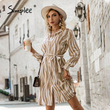 Joskaa Shirt Collar Straight Office Ladies Belt Dress Lace Up Stripes Women Midi Dress Full Regular Sleeves Female Casual Dress