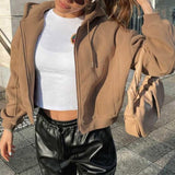 Joskaa 2024 Autumn Winter Women Green Long Sleeve Streetwear Hooded Zipper Sweatshirt Coats Loose Oversized Crop Top Short Jackets