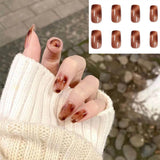 Joskaa 24pcs Leopard Theme Full Cover False Nail Tips 2024 New Style Black Brown Transparent Stiletto French Pearl Fake Nails With Glue