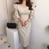 Joskaa Christmas Gift Fashion Corduroy Dresses French Style Spring Autumn Women Polka Dot Print Dress Casual Eleagnt Lace-up Slim Party Dress 12091