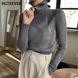 Christmas Gift Joskaa Fashion Slim Turtleneck Zippers Women Knitted Sweaters 2020 Autumn Winter Full Sleeve Stretched Female Pullover Jumpers