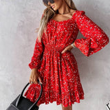 Joskaa hoco dresses Graduation Gift  Floral Print Autumn Square Collar  Dress 2024 Winter Women Ruffles Long Sleeve Flowers Red Dress Casual  A Line Vestidos Clothes