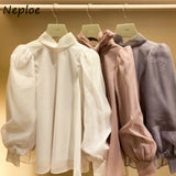 Joskaa Christmas Gift Neploe Sweet Stand Collar Puff Sleeve Chiffon Shirt Autumn Japan Style New All-match Women Blouse Chic Bow Drawstring Blusas