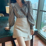 Joskaa Christmas Gift Shirts Women Peter Pan Collar Plaid Lantern Sleeve Sweet Tender Elegant Girls Casual New Arrival Top Korean Style Vintage Female