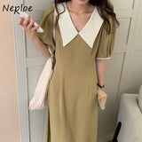 Joskaa Christmas Gift Nelpoe French Vintage Hebburn Style Puff Sleeve Robe Female Turn Down Collar Vestidos High Slim Waist Bandage Ladies Maxi Dress