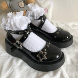 Joskaa Japanese Lolita Shoes Star Buckle Strap Mary Janes Women Cross-Tied Platform Shoe Patent Leather Girls Rivet Casual Shoes