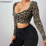 Joskaa Christmas Gift Fashion Leopard Print Low Neck Long Sleeve Short Tshirts Autumn Winter Sexy Slim Casual Streetwear Women Flocking Cropped Top