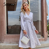 Joskaa Bohemian v-neck lace up floral dress women Holiday A-line split maxi wrap dresses Elegant female long sleeves vestidos