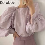 Joskaa Christmas Gift Korobov Vintage O Neck Lantern Sleeve Shirts Korean Chic Ruffles Solid Elegant Blusas Mujer Office Lady Blouses Tops