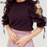 Joskaa Christmas Gift Kuzuwata Elegant Ruffles Patch Sexy Shoulder Strapless Blouse Women O Neck Flare Short Sleeve Work Style Ol Solid Shirt Simple