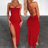 Joskaa Women Sexy Backless High Split Maxi Party Dress Solid Color Spaghetti Strap Bandage Slit Long Dress