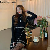 Joskaa hoco dresses Christmas Gift Nomikuma 2024 New Knitted Bodycon Dresses Contrast Color Long Sleeve Turtleneck Stretch Dress Women Love Heart Pattern Robe