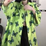 Joskaa Christmas Gift QWEEK Harajuku Blouse Women Oversized Streetwear Butterflies Print Shirt Hip Hop Korean 2024 Green Tops Aesthetic Design 5XL Y2K