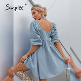 Joskaa Cotton V-neck Loose Lantern Sleeve Mini Dress Fashion Blue Summer Women A-line dress 2021 Solid retro high waist Vestido