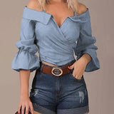 Joskaa Women Fashion Solid Shirt Lady Off shoulder Half Flare Sleeve Blouse Wrap  Casual Shirts