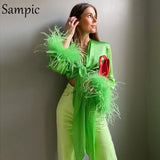 Joskaa Christmas Gift Sampic Feathers Patchwork Satin Women Bandage Shirt Blouse Tops Green 2024 Y2K Sexy V Neck Club Skinny Mini Crop Tops Outwear