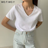 Joskaa Christmas Gift WOTWOY Summer Knitted V-Neck T-Shirt Women Cotton Basic Solid Tee Shirt Female Short Sleeve Kintwear Tops Harajuku Tshirt Ladies