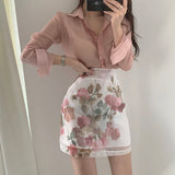 Christmas Gift Women Summer 2 Piece Set Sexy Transparent Long Sleeve Pink Chiffon Shirt Top + High Waist Floral Print A Line Skirts Sets