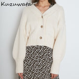 Joskaa Christmas Gift Kuzuwata New Simple Sweet Loose Women Cardigan 2024 Spring V Neck Single Breasted Knit Coat Casual Solid Design Sweaters