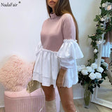 Joskaa hoco dresses Christmas Gift Nadafair Puff Sleeve Sexy Mini Dress Women Casual Party Rib Shirt Patchwork 2024 Spring Long Sleeve Wrap A-Line Woman Dress