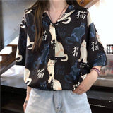 Joskaa Christmas Gift QWEEK Summer Japan Style Harajuku Shirt Women Animal Pattern Print Blouse 2024 Short Sleeve Graphic Cardigan Button Up Tops Chic