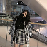 Joskaa Two 2 Piece Set Retro Houndstooth Channel Style Mid-Length Coat High Waist Skirt Winter Suits Women Basic Jackets