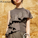 Joskaa Christmas Gift Kuzuwata 2024 Summer New Women Tops O Neck Sleeveless Irregular Ruffle Patchwork  Knitted Pullover Temperament Sweet Jumpers