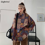 Joskaa Women Blouses Casual Print Shirts Loose Turn-down Collar Button Up Korean Style Vintage Harajuku Fashion Female Tops All-match