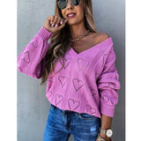 Joskaa Casual Solid Color Sweater Women Jumper Pullover Tops Fashion Lady Hollow Out Heart Shape V Neck Ribbed Knitted Sweaters S-2XL