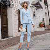 Joskaa Elegant knot women business suit autumn winter Office lace up blue ladies suits blazer Fashion two piece female pant set