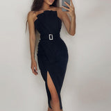 Joskaa Women Draped Split Sexy Evening Party Dresses Elegant Patchwork Sequin Sleeveless Dress Fashion One-Shoulder Glitter Long Dress