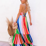 Joskaa Christmas Gift Sexy Deep V Neck Backless Striped Maxi Woman Dress 2024 Summer Party Rainbow Spaghetti Strap Long Dresses For Women Robe Femme